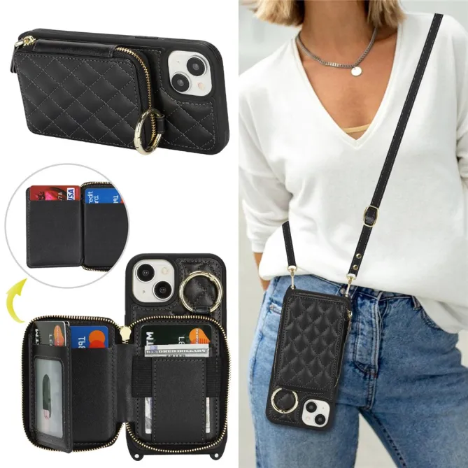 Coque iPhone 15 portefeuille zippée avec anneau et bandoulière