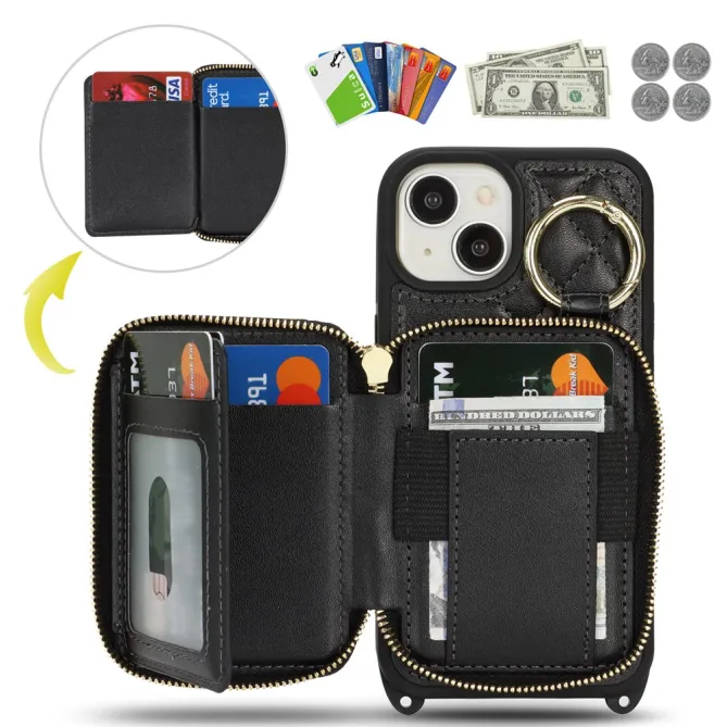 Coque iPhone 15 portefeuille zippée avec anneau et bandoulière