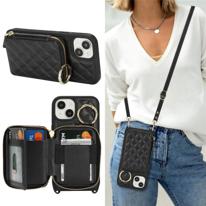 Coque iPhone 15 portefeuille zippée avec anneau et bandoulière
