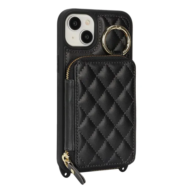 Coque iPhone 15 portefeuille zippée avec anneau et bandoulière