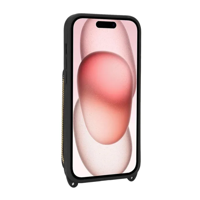 Coque iPhone 15 portefeuille zippée avec anneau et bandoulière
