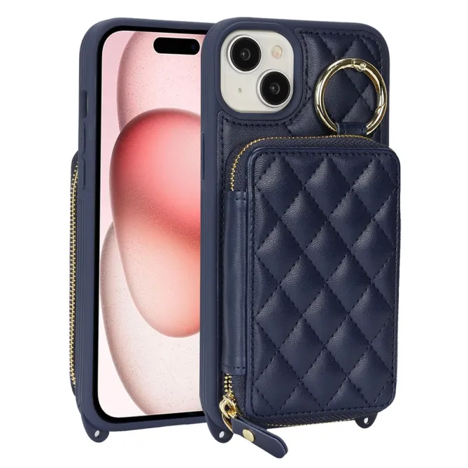 Coque iPhone 15 portefeuille zippée avec anneau et bandoulière
