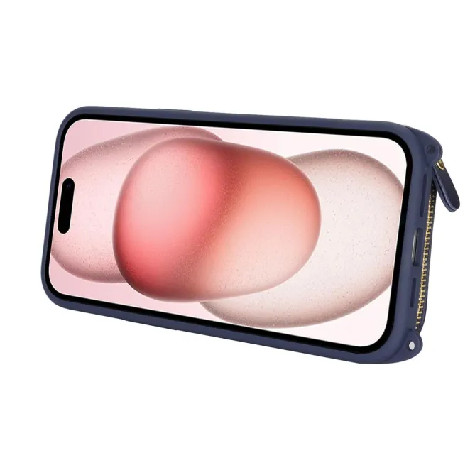 Coque iPhone 15 portefeuille zippée avec anneau et bandoulière