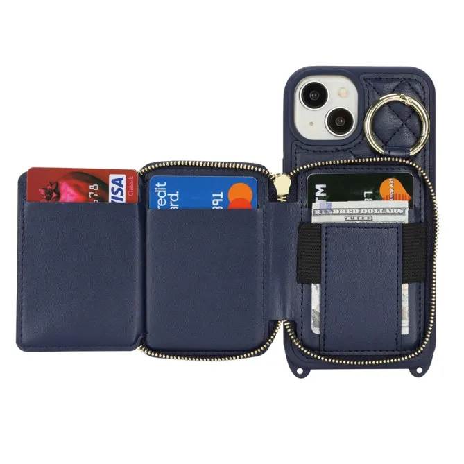 Coque iPhone 15 portefeuille zippée avec anneau et bandoulière