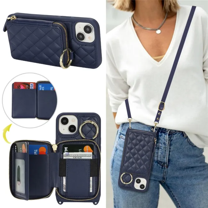 Coque iPhone 15 portefeuille zippée avec anneau et bandoulière