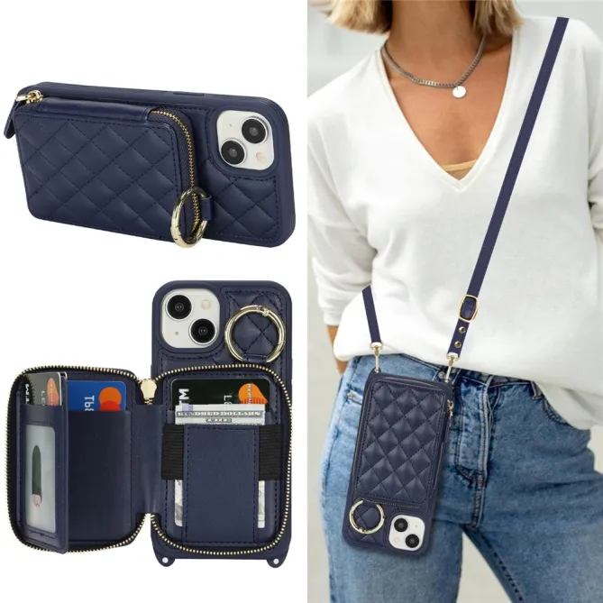 Coque iPhone 15 portefeuille zippée avec anneau et bandoulière