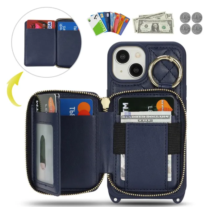 Coque iPhone 15 portefeuille zippée avec anneau et bandoulière