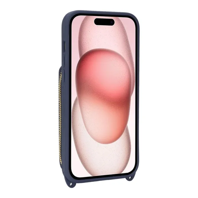 Coque iPhone 15 portefeuille zippée avec anneau et bandoulière
