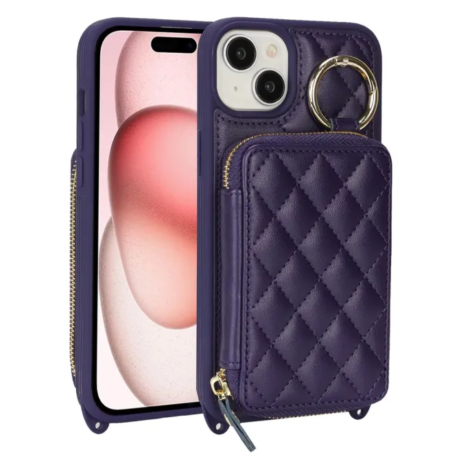 Coque iPhone 15 portefeuille zippée avec anneau et bandoulière