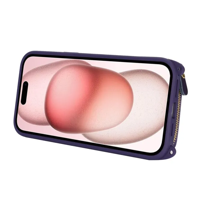 Coque iPhone 15 portefeuille zippée avec anneau et bandoulière