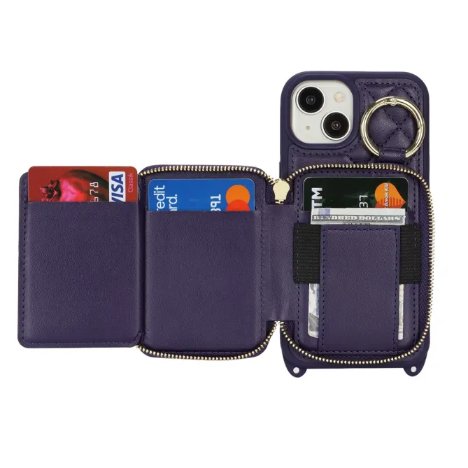 Coque iPhone 15 portefeuille zippée avec anneau et bandoulière