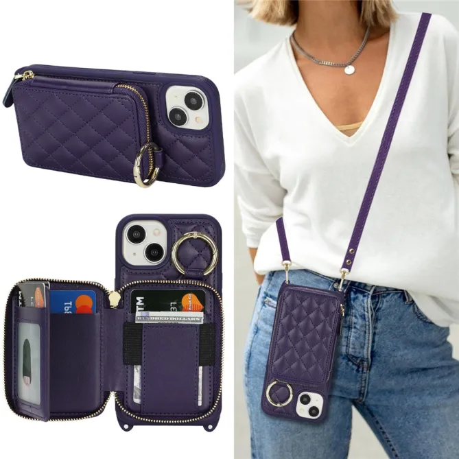 Coque iPhone 15 portefeuille zippée avec anneau et bandoulière
