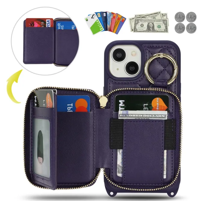 Coque iPhone 15 portefeuille zippée avec anneau et bandoulière