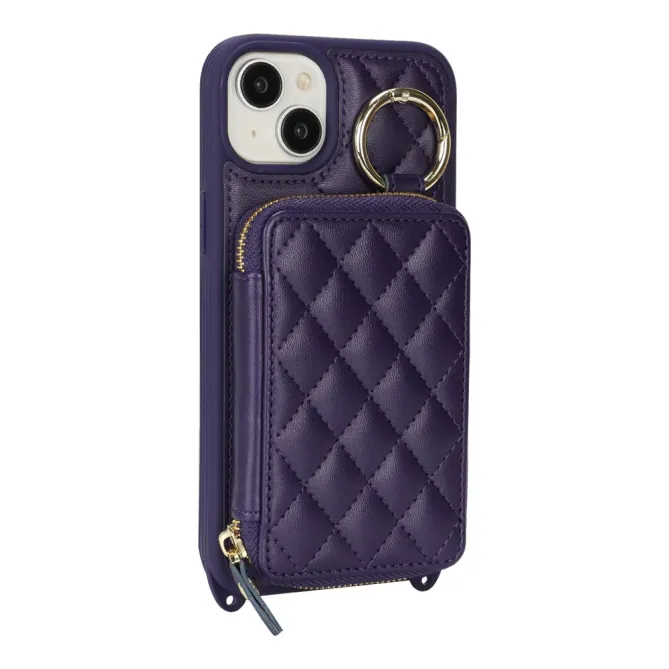 Coque iPhone 15 portefeuille zippée avec anneau et bandoulière