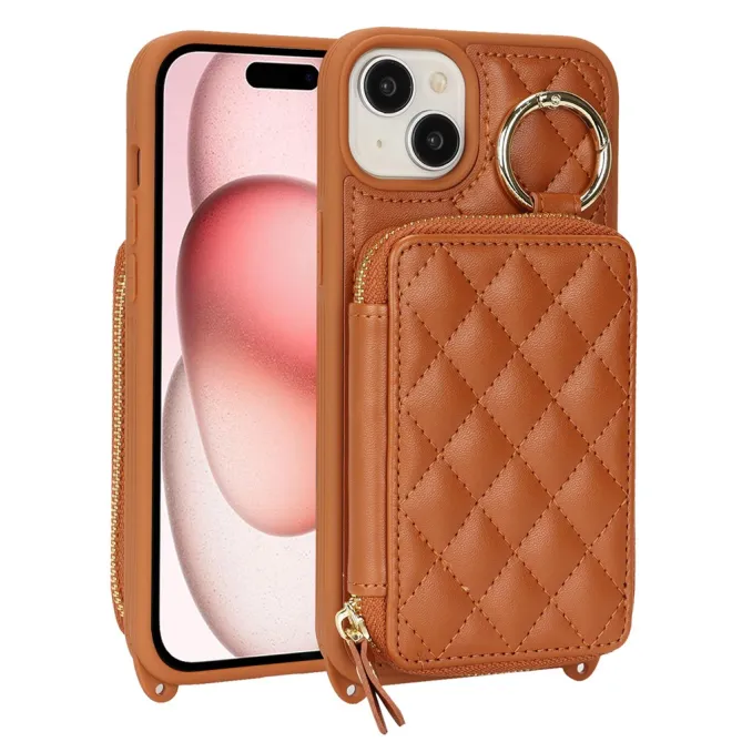 Coque iPhone 15 portefeuille zippée avec anneau et bandoulière