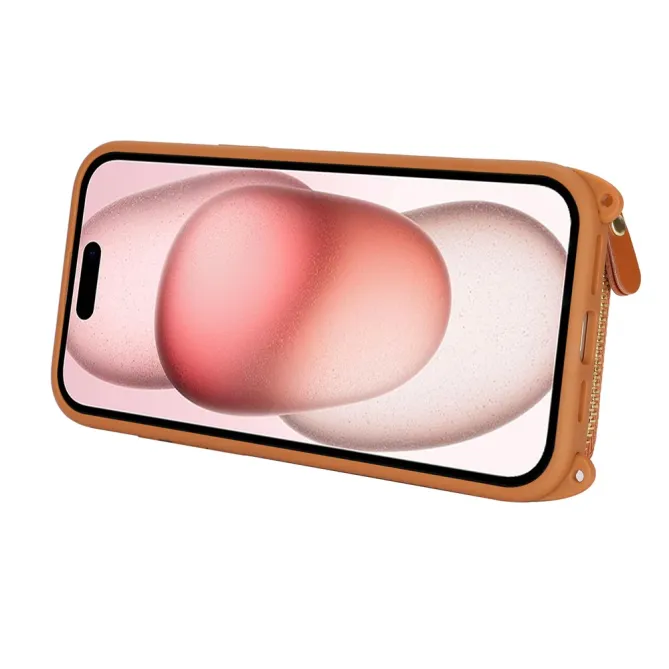 Coque iPhone 15 portefeuille zippée avec anneau et bandoulière