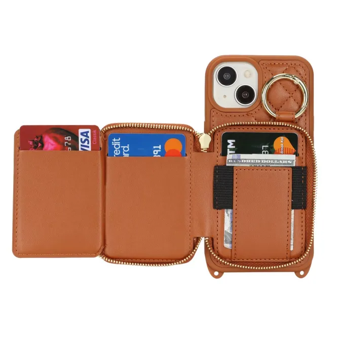 Coque iPhone 15 portefeuille zippée avec anneau et bandoulière
