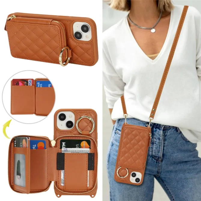Coque iPhone 15 portefeuille zippée avec anneau et bandoulière