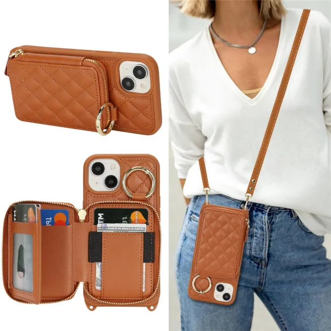 Coque iPhone 15 portefeuille zippée avec anneau et bandoulière