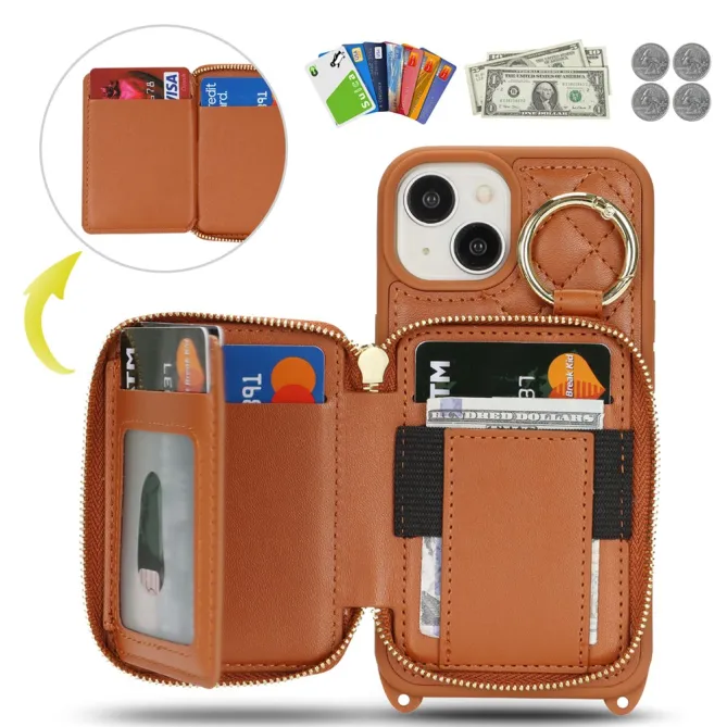 Coque iPhone 15 portefeuille zippée avec anneau et bandoulière