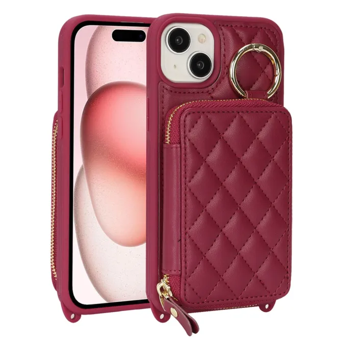 Coque iPhone 15 portefeuille zippée avec anneau et bandoulière