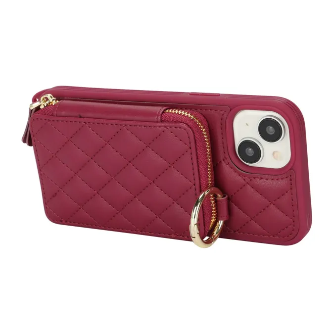 Coque iPhone 15 portefeuille zippée avec anneau et bandoulière