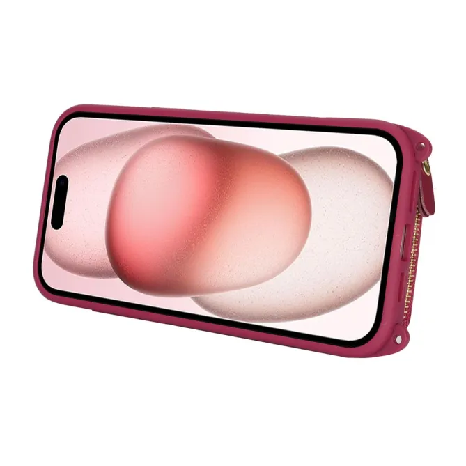 Coque iPhone 15 portefeuille zippée avec anneau et bandoulière