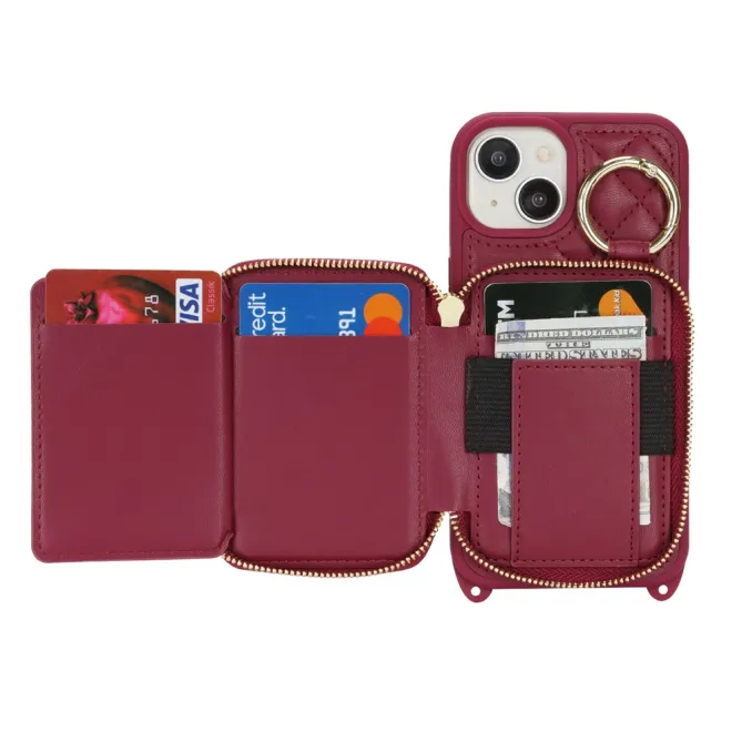 Coque iPhone 15 portefeuille zippée avec anneau et bandoulière