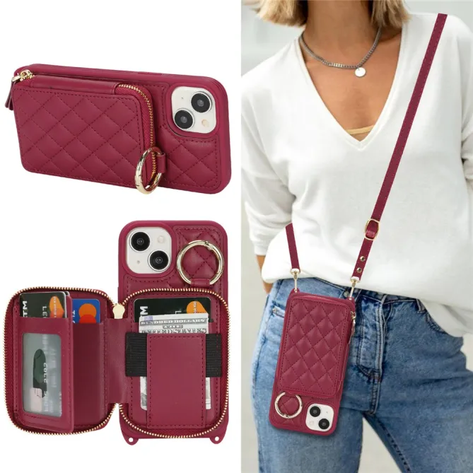 Coque iPhone 15 portefeuille zippée avec anneau et bandoulière