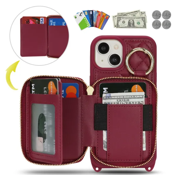 Coque iPhone 15 portefeuille zippée avec anneau et bandoulière