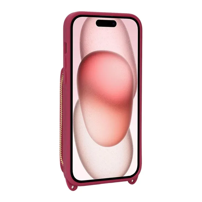 Coque iPhone 15 portefeuille zippée avec anneau et bandoulière