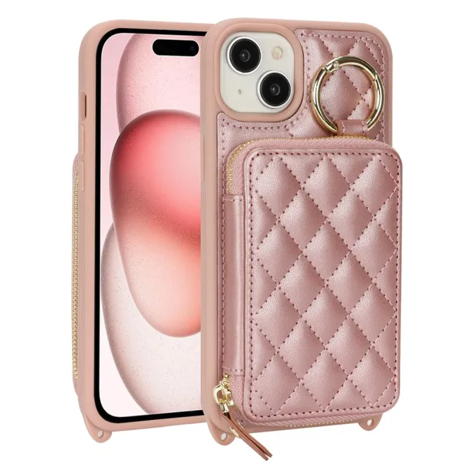 Coque iPhone 15 portefeuille zippée avec anneau et bandoulière