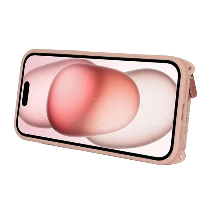 Coque iPhone 15 portefeuille zippée avec anneau et bandoulière
