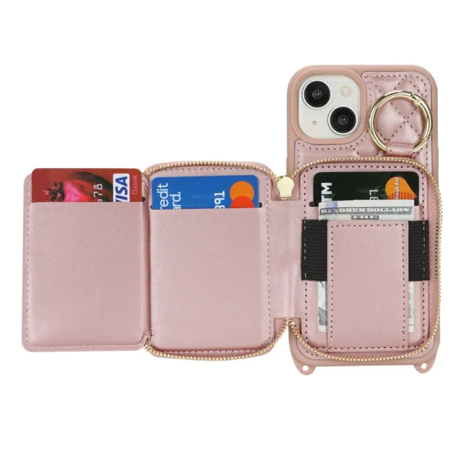 Coque iPhone 15 portefeuille zippée avec anneau et bandoulière