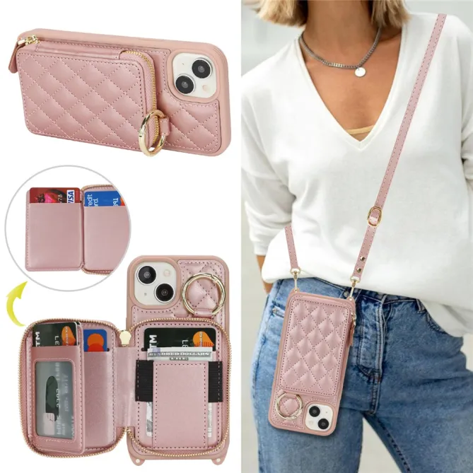 Coque iPhone 15 portefeuille zippée avec anneau et bandoulière