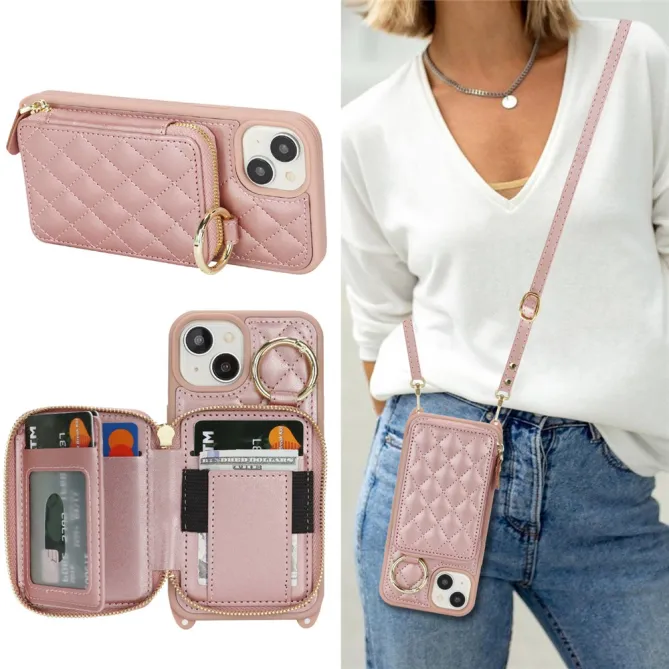 Coque iPhone 15 portefeuille zippée avec anneau et bandoulière