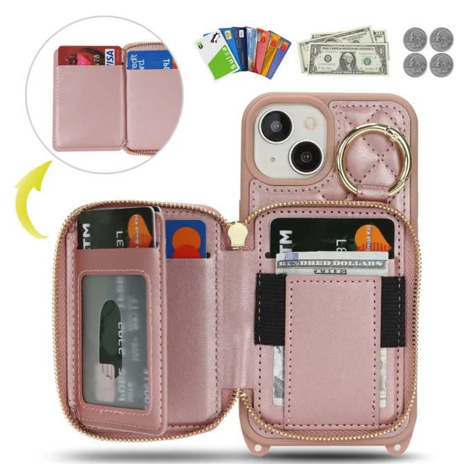 Coque iPhone 15 portefeuille zippée avec anneau et bandoulière