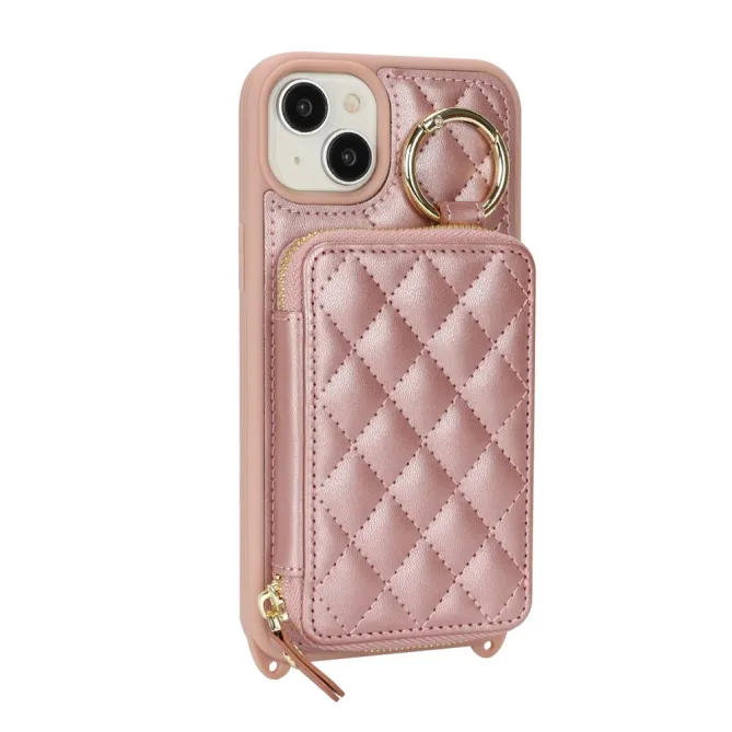 Coque iPhone 15 portefeuille zippée avec anneau et bandoulière