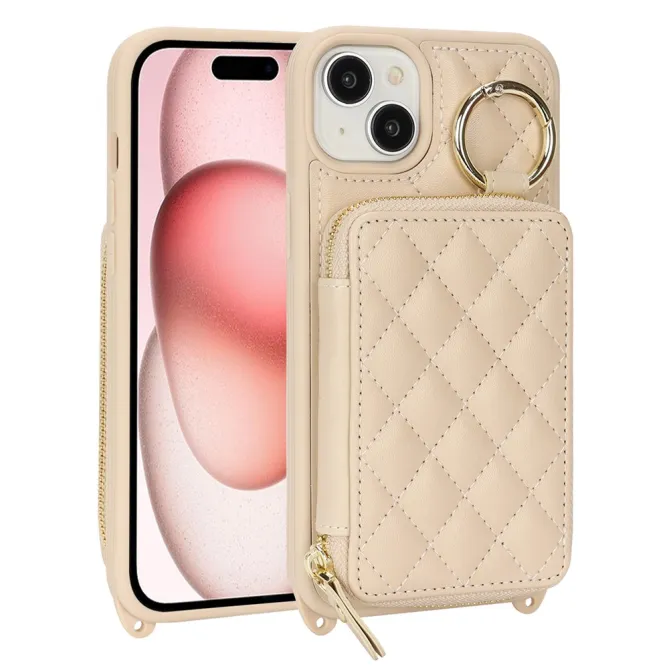 Coque iPhone 15 portefeuille zippée avec anneau et bandoulière