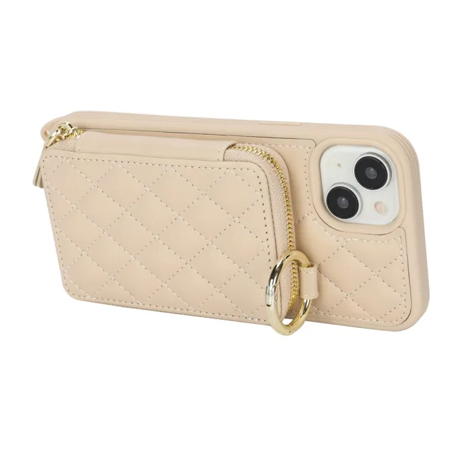 Coque iPhone 15 portefeuille zippée avec anneau et bandoulière