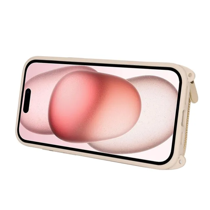Coque iPhone 15 portefeuille zippée avec anneau et bandoulière