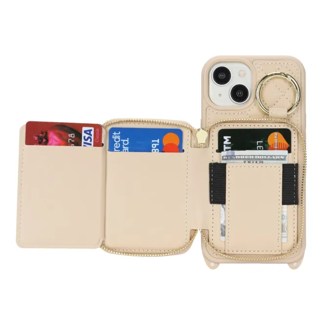 Coque iPhone 15 portefeuille zippée avec anneau et bandoulière