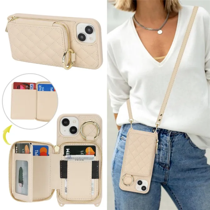 Coque iPhone 15 portefeuille zippée avec anneau et bandoulière
