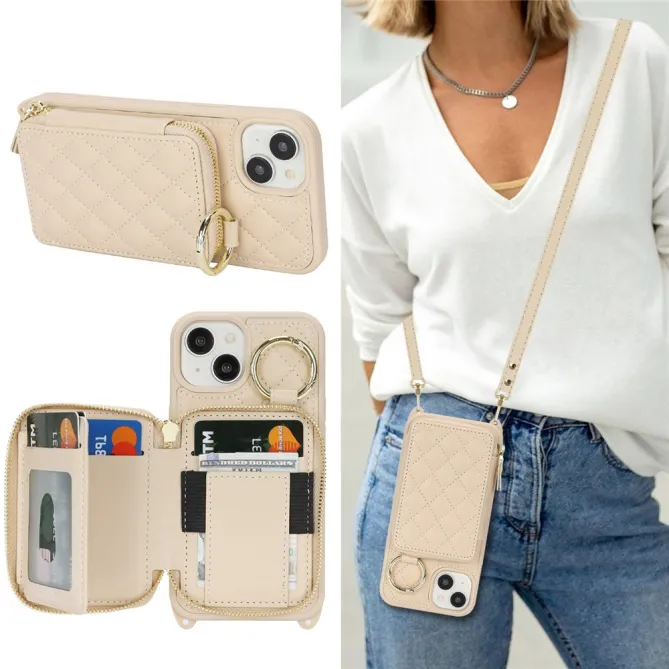 Coque iPhone 15 portefeuille zippée avec anneau et bandoulière