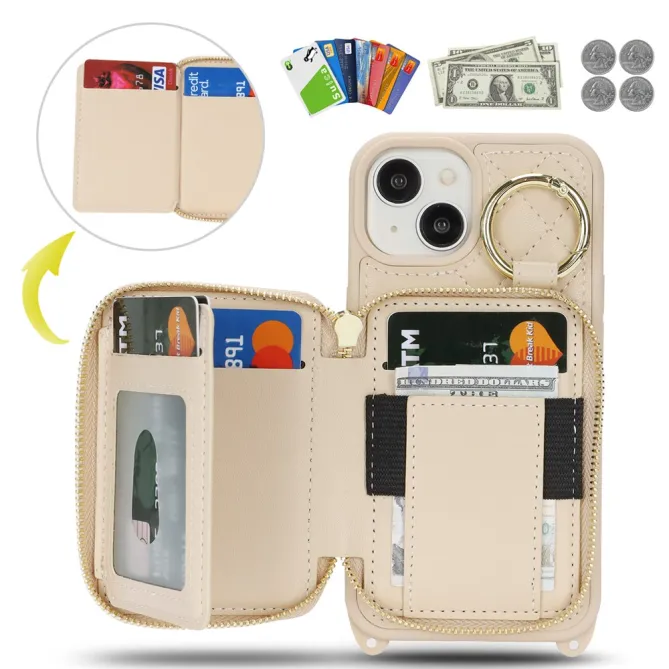 Coque iPhone 15 portefeuille zippée avec anneau et bandoulière