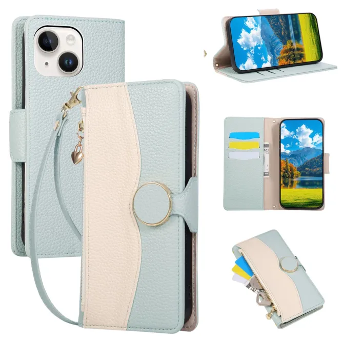 Housse iPhone 15 portefeuille zippée bicolore avec dragonne