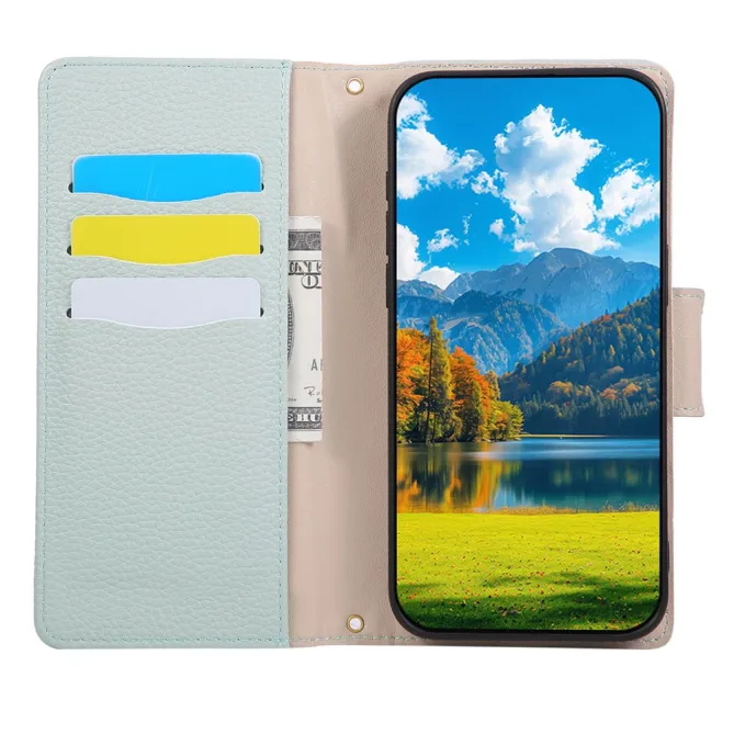 Housse iPhone 15 portefeuille zippée bicolore avec dragonne