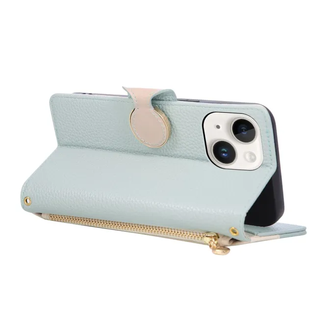 Housse iPhone 15 portefeuille zippée bicolore avec dragonne