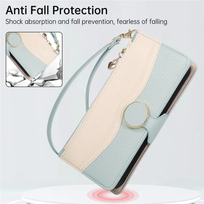 Housse iPhone 15 portefeuille zippée bicolore avec dragonne
