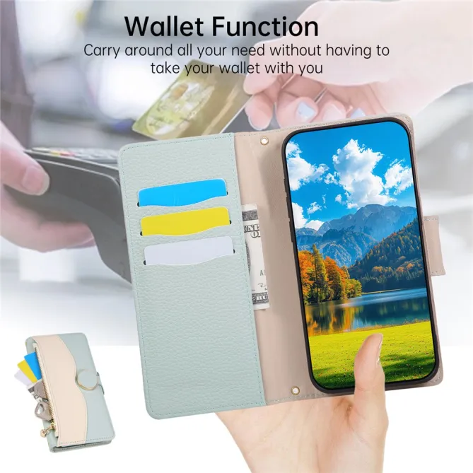 Housse iPhone 15 portefeuille zippée bicolore avec dragonne